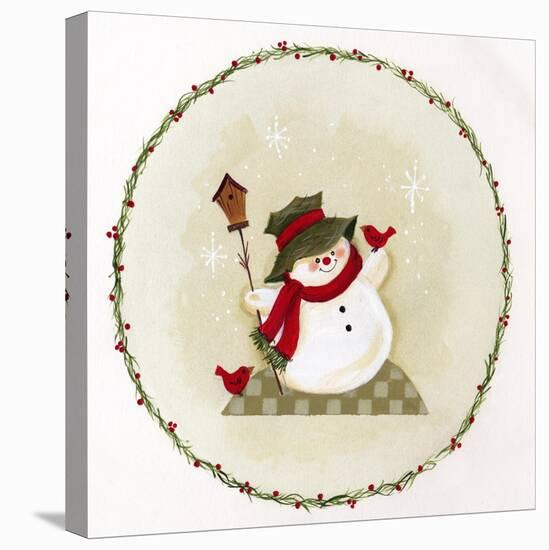 Snowman with Birdhouse-Beverly Johnston-Stretched Canvas