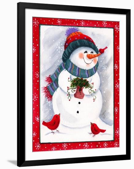 Snowman with Birds-Beverly Johnston-Framed Giclee Print