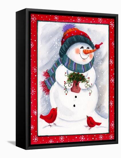 Snowman with Birds-Beverly Johnston-Framed Stretched Canvas