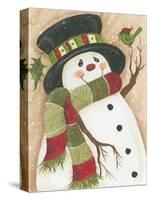 Snowman with Green Bird-Beverly Johnston-Stretched Canvas