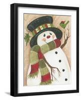 Snowman with Green Bird-Beverly Johnston-Framed Giclee Print