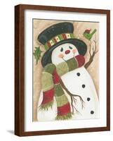 Snowman with Green Bird-Beverly Johnston-Framed Giclee Print