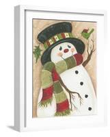 Snowman with Green Bird-Beverly Johnston-Framed Giclee Print