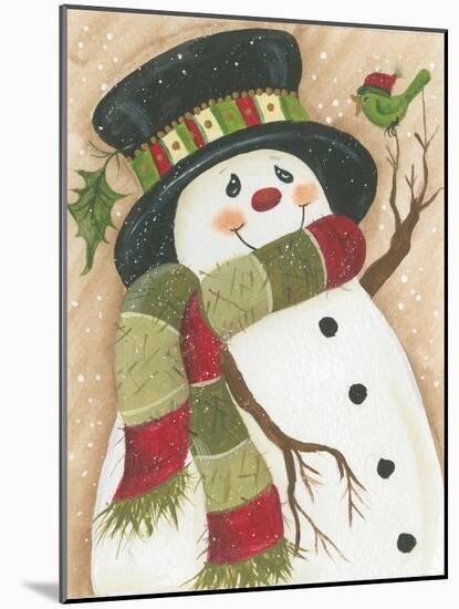 Snowman with Green Bird-Beverly Johnston-Mounted Giclee Print