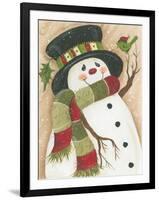 Snowman with Green Bird-Beverly Johnston-Framed Giclee Print