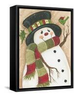 Snowman with Green Bird-Beverly Johnston-Framed Stretched Canvas