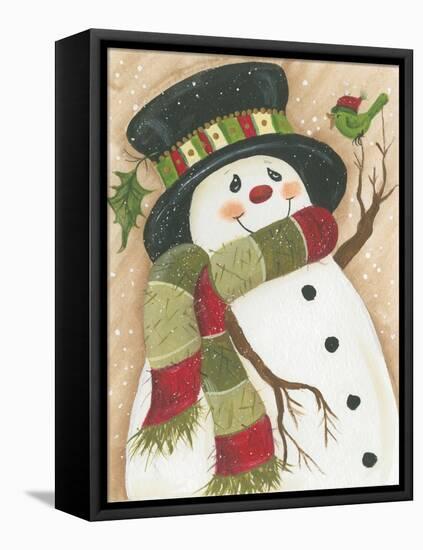 Snowman with Green Bird-Beverly Johnston-Framed Stretched Canvas