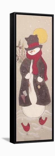 Snowman with Top Hat, Scarf, and Jacket Holding Tree Branch with 2 Red Birds-Beverly Johnston-Framed Stretched Canvas