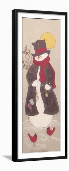 Snowman with Top Hat, Scarf, and Jacket Holding Tree Branch with 2 Red Birds-Beverly Johnston-Framed Premium Giclee Print