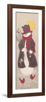 Snowman with Top Hat, Scarf, and Jacket Holding Tree Branch with 2 Red Birds-Beverly Johnston-Framed Giclee Print