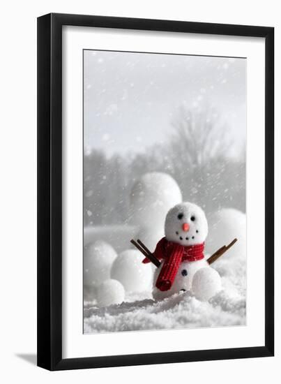 Snowman with Winter Snow Background-Sandralise-Framed Photographic Print