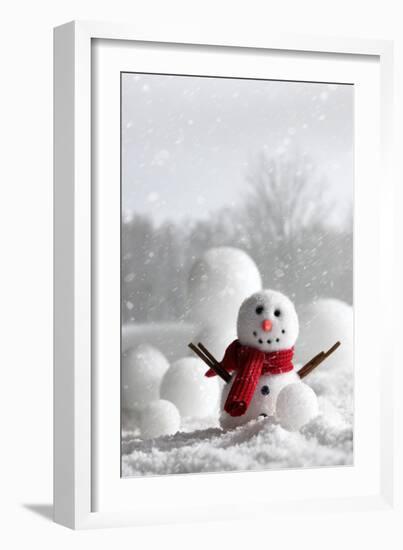 Snowman with Winter Snow Background-Sandralise-Framed Photographic Print