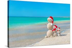 Snowmans Family at Sea Beach in Santa Hat. New Years and Christmas-EMprize-Stretched Canvas