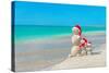 Snowmans Family at Sea Beach in Santa Hat. New Years and Christmas-EMprize-Stretched Canvas