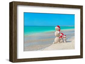 Snowmans Family at Sea Beach in Santa Hat. New Years and Christmas-EMprize-Framed Photographic Print