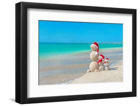 Snowmans Family at Sea Beach in Santa Hat. New Years and Christmas-EMprize-Framed Photographic Print