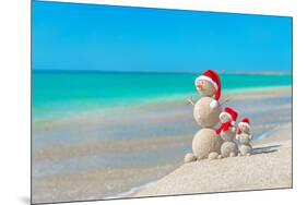 Snowmans Family at Sea Beach in Santa Hat. New Years and Christmas-EMprize-Mounted Photographic Print