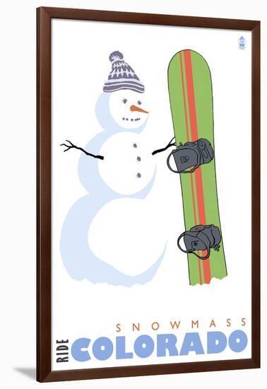 Snowmass, Colorado, Snowman with Snowboard-Lantern Press-Framed Art Print