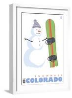 Snowmass, Colorado, Snowman with Snowboard-Lantern Press-Framed Art Print