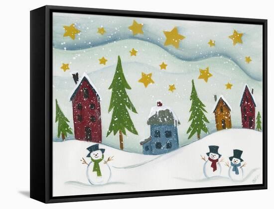 Snowmen in Town-Beverly Johnston-Framed Stretched Canvas