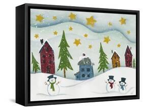 Snowmen in Town-Beverly Johnston-Framed Stretched Canvas