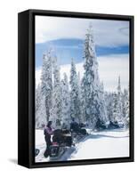 Snowmobilers in a Hoar Frosted Forest on Two Top Mountain, West Yellowstone, Montana, United States-Kimberly Walker-Framed Stretched Canvas