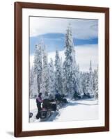 Snowmobilers in a Hoar Frosted Forest on Two Top Mountain, West Yellowstone, Montana, United States-Kimberly Walker-Framed Photographic Print