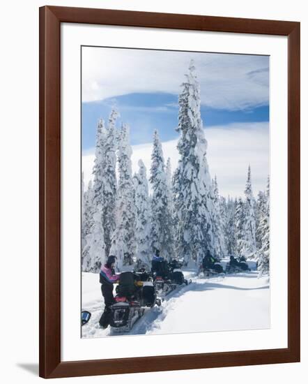 Snowmobilers in a Hoar Frosted Forest on Two Top Mountain, West Yellowstone, Montana, United States-Kimberly Walker-Framed Photographic Print