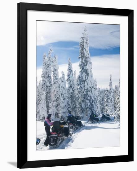 Snowmobilers in a Hoar Frosted Forest on Two Top Mountain, West Yellowstone, Montana, United States-Kimberly Walker-Framed Photographic Print