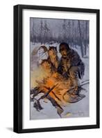 Snowshoe Traveler and His Arctic Dog-Team at a Campfire-null-Framed Giclee Print