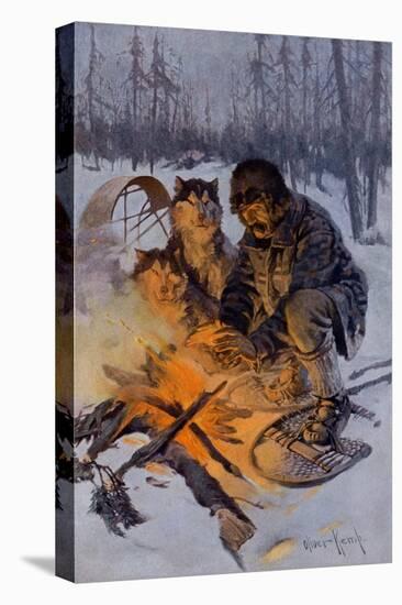 Snowshoe Traveler and His Arctic Dog-Team at a Campfire-null-Stretched Canvas