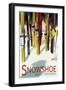 Snowshoe, West Virginia - Colorful Skis-Lantern Press-Framed Art Print