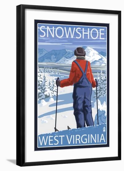 Snowshoe, West Virginia - Skier Admiring View-Lantern Press-Framed Art Print