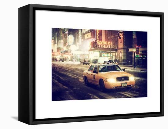 Snowstorm on 42nd Street in Times Square with Yellow Cab by Night-Philippe Hugonnard-Framed Stretched Canvas