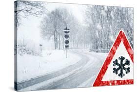 Snowy Curvy Road with Traffic Sign-trendobjects-Stretched Canvas
