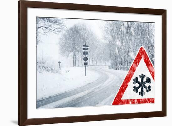 Snowy Curvy Road with Traffic Sign-trendobjects-Framed Photographic Print