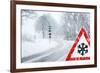 Snowy Curvy Road with Traffic Sign-trendobjects-Framed Photographic Print