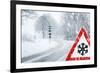 Snowy Curvy Road with Traffic Sign-trendobjects-Framed Photographic Print