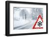 Snowy Curvy Road with Traffic Sign-trendobjects-Framed Photographic Print