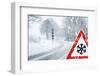 Snowy Curvy Road with Traffic Sign-trendobjects-Framed Photographic Print