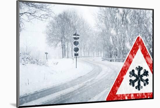 Snowy Curvy Road with Traffic Sign-trendobjects-Mounted Photographic Print