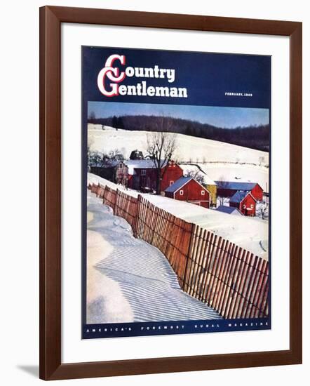 "Snowy Farm Scene," Country Gentleman Cover, February 1, 1949-Caroloa Rust-Framed Giclee Print