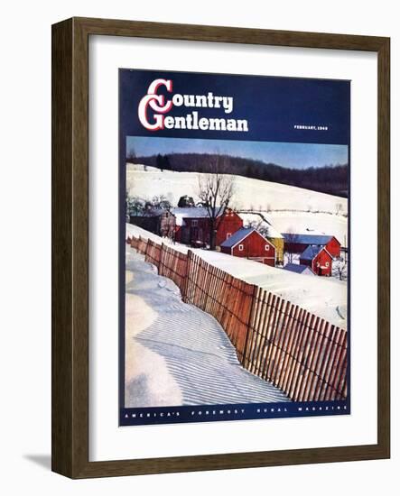 "Snowy Farm Scene," Country Gentleman Cover, February 1, 1949-Caroloa Rust-Framed Giclee Print