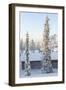 Snowy Log Cabin between Trees-Risto0-Framed Photographic Print