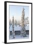 Snowy Log Cabin between Trees-Risto0-Framed Photographic Print