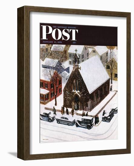"Snowy Morning at Church" Saturday Evening Post Cover, January 6, 1951-John Falter-Framed Giclee Print