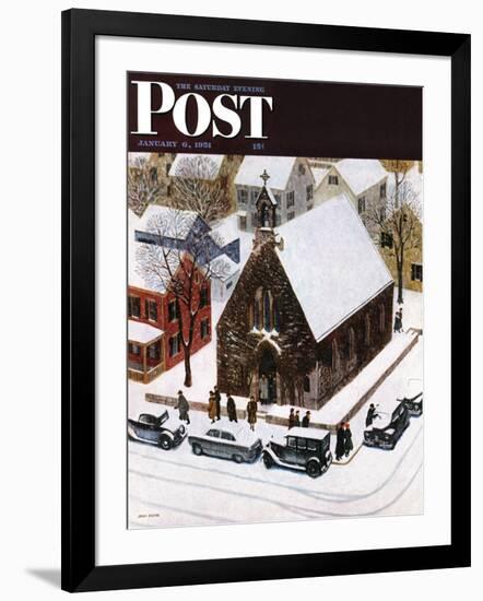 "Snowy Morning at Church" Saturday Evening Post Cover, January 6, 1951-John Falter-Framed Giclee Print