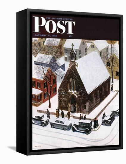 "Snowy Morning at Church" Saturday Evening Post Cover, January 6, 1951-John Falter-Framed Stretched Canvas