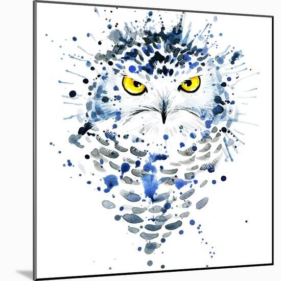 Snowy Owl T-Shirt Graphics, Snowy Owl Illustration with Splash Watercolor Textured Background. Illu-Faenkova Elena-Mounted Art Print