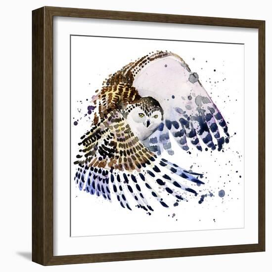 Snowy Owl T-Shirt Graphics, Snowy Owl Illustration with Splash Watercolor Textured Background.-Dabrynina Alena-Framed Art Print